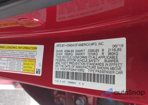 2019 Honda Accord Ex-L from USA, damaged, VIN 1HGCV1F50KA133802